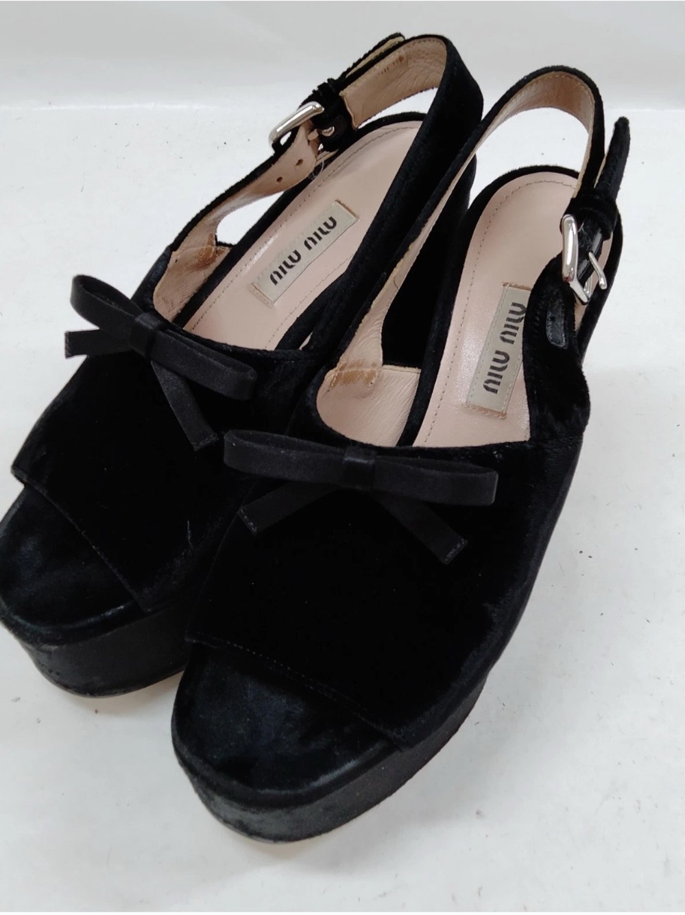 Miu Miu Black Velvet Bow Slingback Platform Heels
